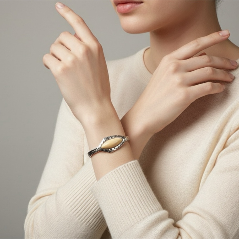 Hammered Metal Cuff / Hinged Bangle Bracelet with Large Amber-Style Stone